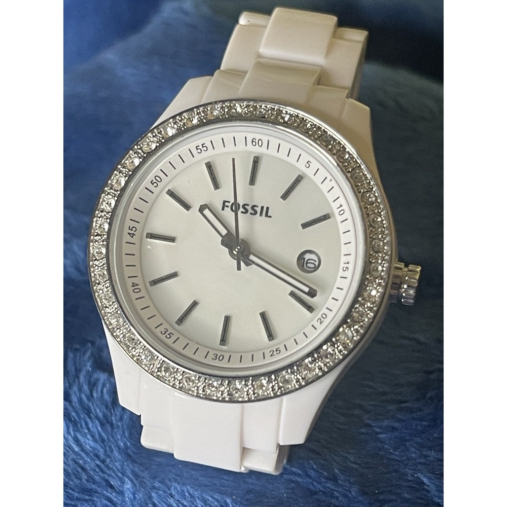 Fossil Riley Date Watch date ES2437 White Case and band with stones water resist